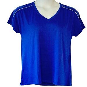 Natori Tee Shirt NWT V-Neck with Cap Sleeve Royal Blue with Pink Multi Piping  M